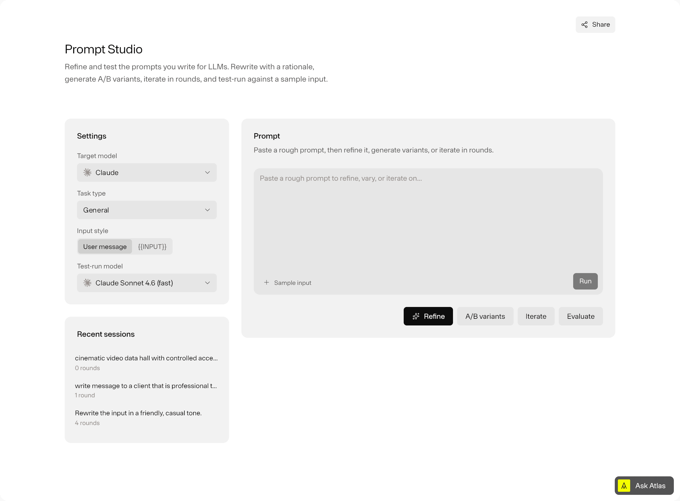 Prompt Studio with the prompt editor, a sample input field, and the model picker.