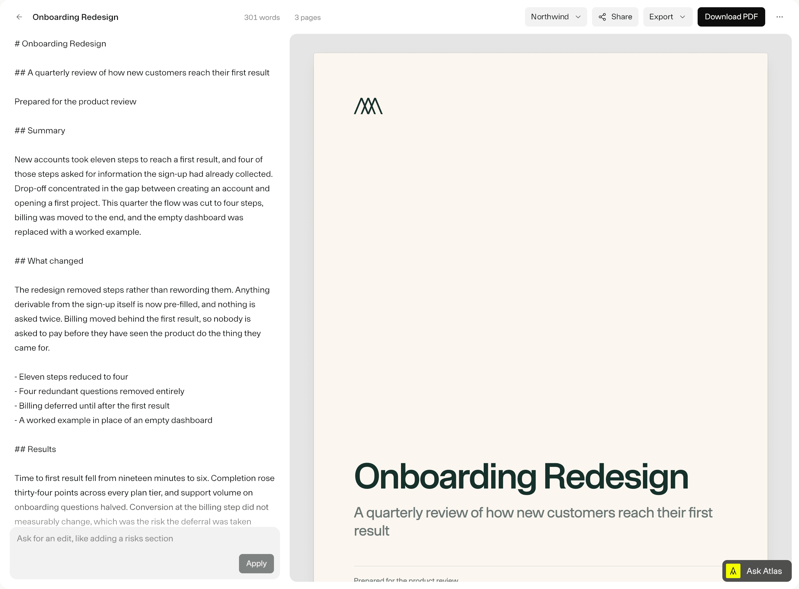 PDF Maker with markdown on the left and a typeset three-page document on the right, in a cream-and-green theme.