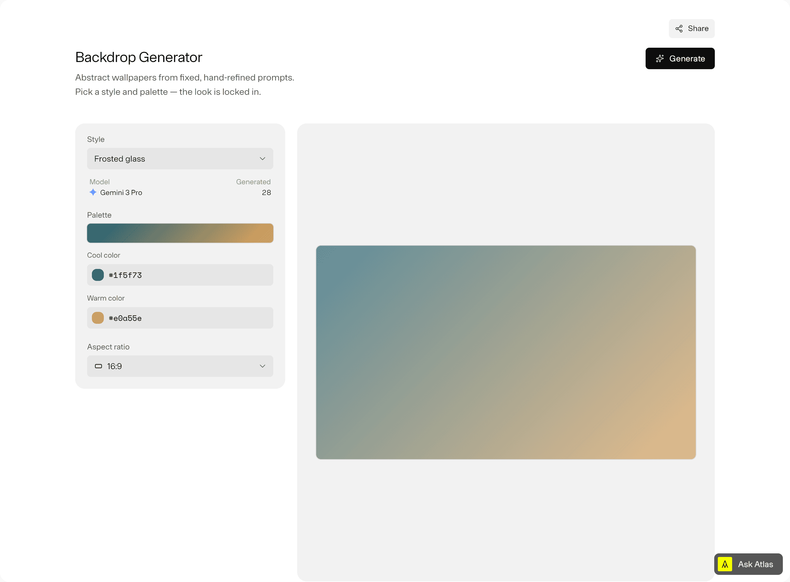 Backdrop Generator with style, palette and aspect ratio settings on the left and a teal-to-amber frosted gradient on the right.