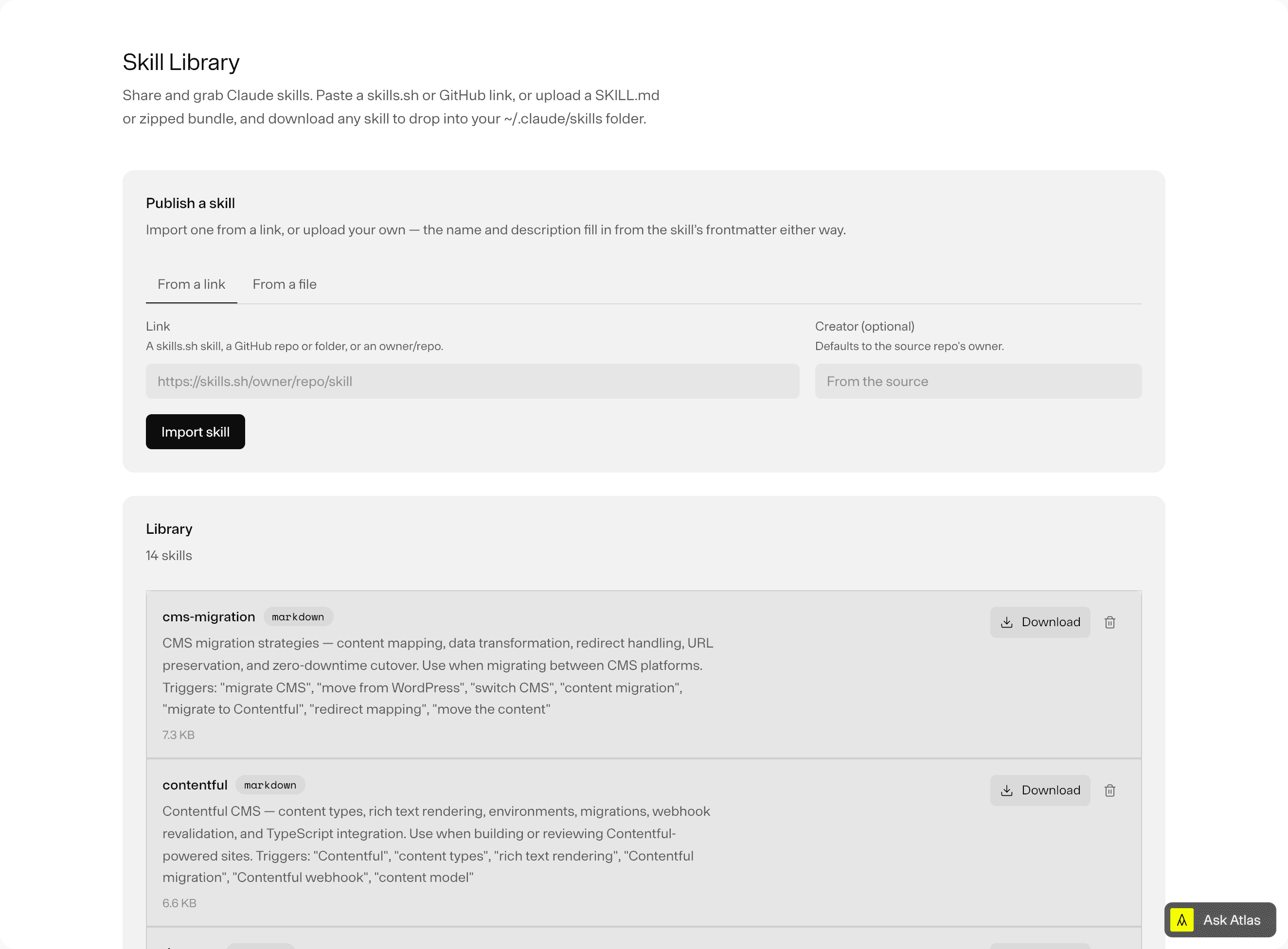 The Skill Library listing fourteen skills with their descriptions and triggers, above a form for importing one.