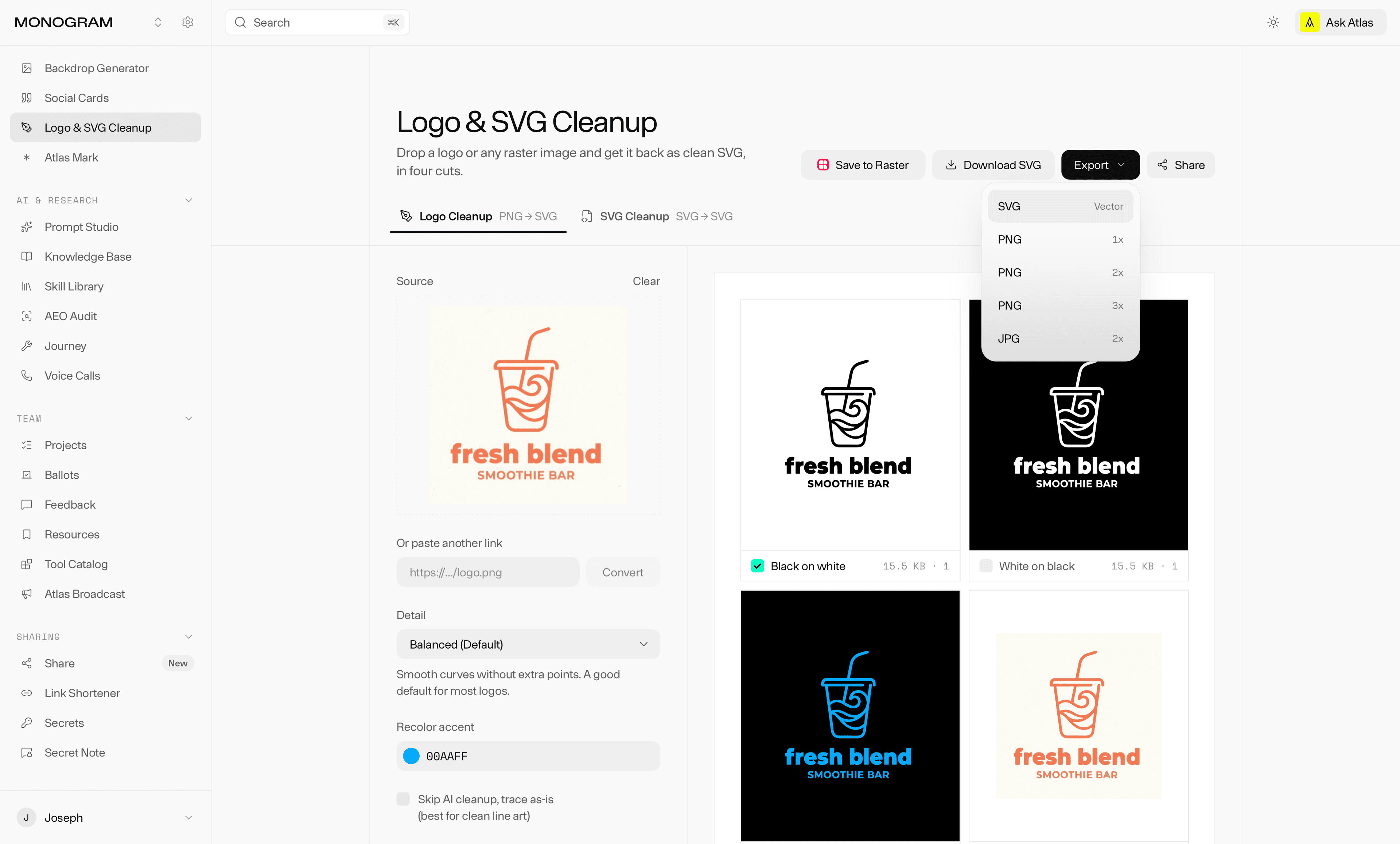 A smoothie bar logo as the source, with four vector cuts beside it: black on white, white on black, blue, and full color. The Export menu is open.