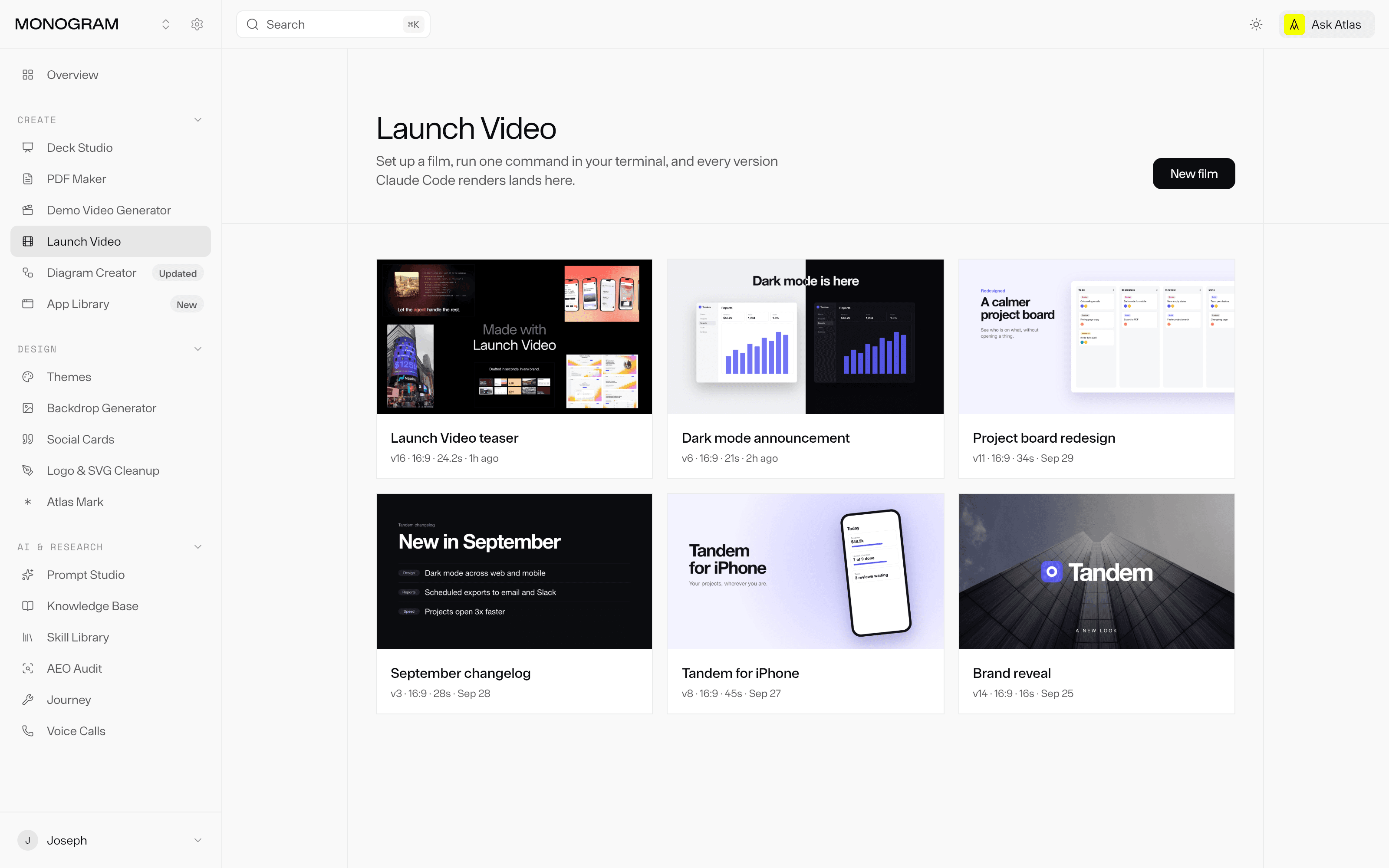 The Launch Video library: six films as cards, each with its version, length and last change.