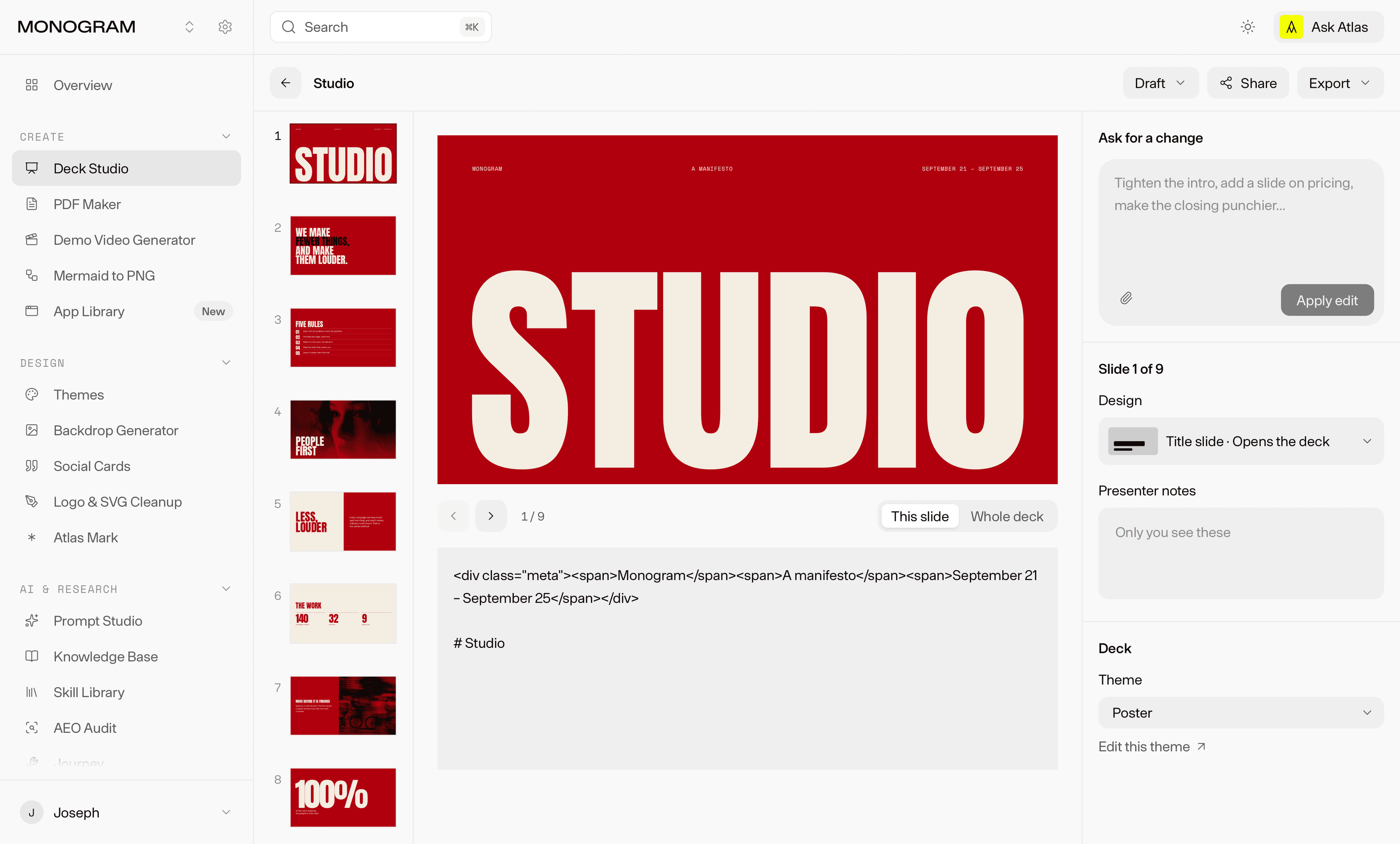 Deck Studio with slide thumbnails on the left, a red STUDIO title slide and its markdown in the middle, and a box for asking for changes on the right.