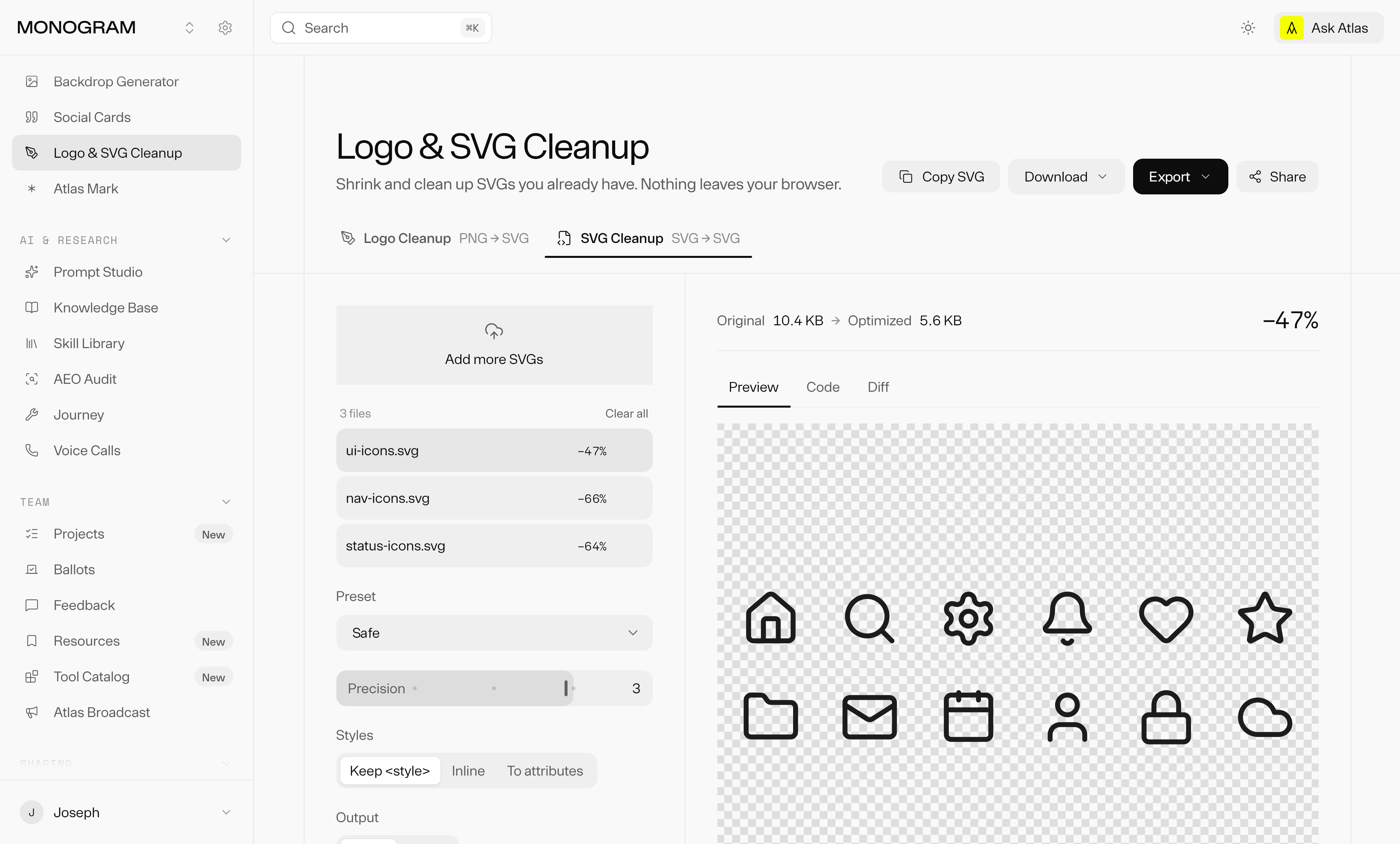 SVG Cleanup with three icon files queued at 47 to 66 percent savings, and twelve line icons in the preview, 10.4 KB down to 5.6 KB.